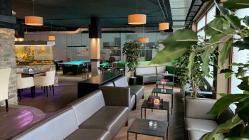 Loungebereich mit Sofas und Pflanzen